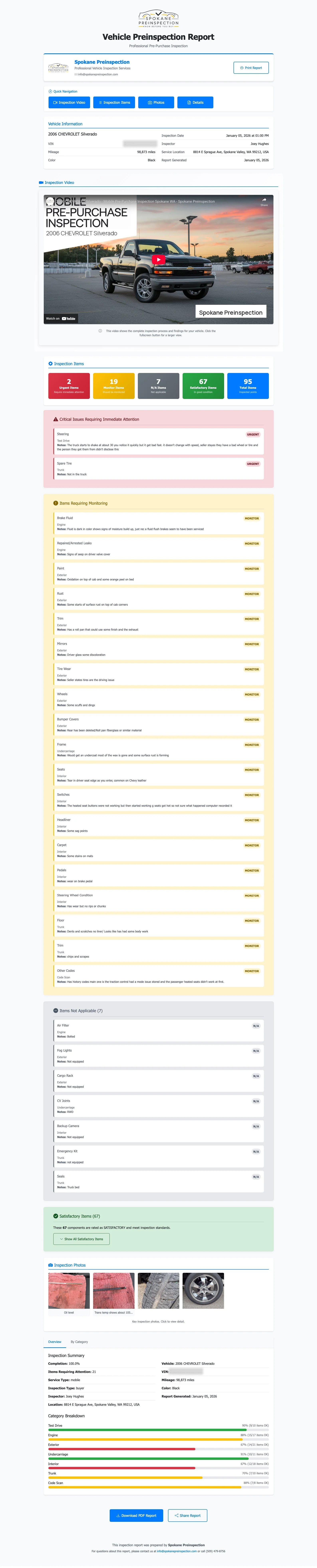 Example vehicle inspection report showing video, checklist items, and photos