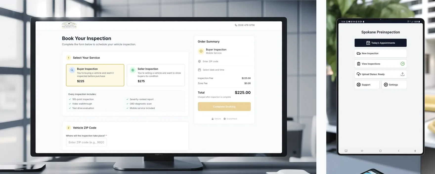 Preinspection platform showing online booking system and tablet inspection app